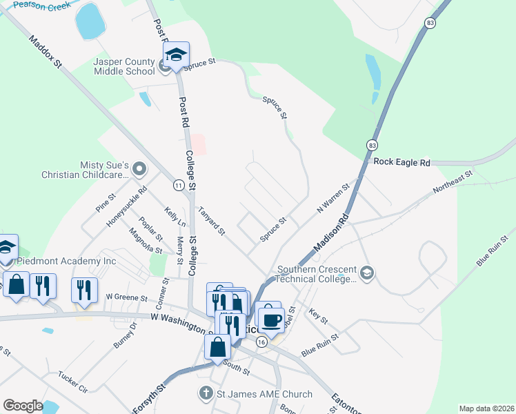 map of restaurants, bars, coffee shops, grocery stores, and more near 221 Nancy Street in Monticello