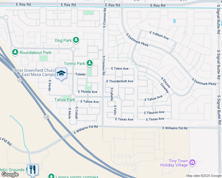 map of restaurants, bars, coffee shops, grocery stores, and more near 10033 East Thistle Avenue in Mesa