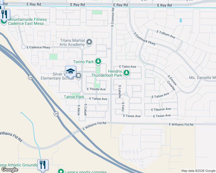 map of restaurants, bars, coffee shops, grocery stores, and more near 9928 East Tahoe Avenue in Mesa