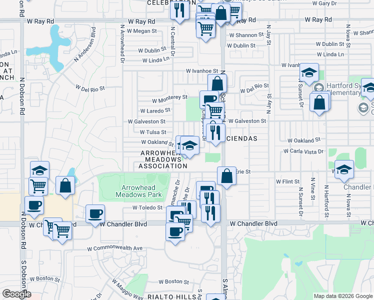 map of restaurants, bars, coffee shops, grocery stores, and more near 1137 West Oakland Street in Chandler