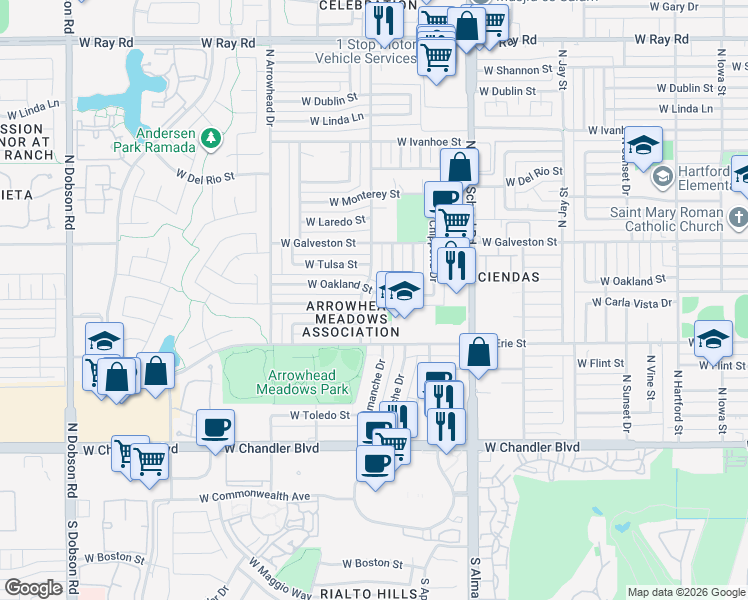 map of restaurants, bars, coffee shops, grocery stores, and more near 1214 West Oakland Street in Chandler