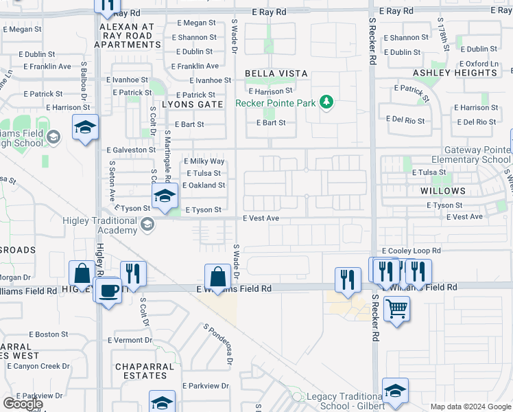 map of restaurants, bars, coffee shops, grocery stores, and more near 3655 East Perkinsville Street in Gilbert