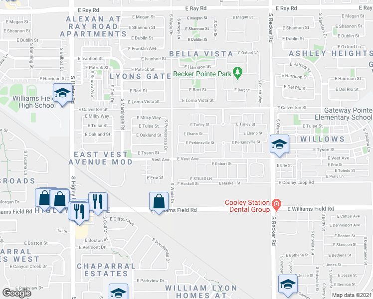 map of restaurants, bars, coffee shops, grocery stores, and more near 3672 East Perkinsville Street in Gilbert