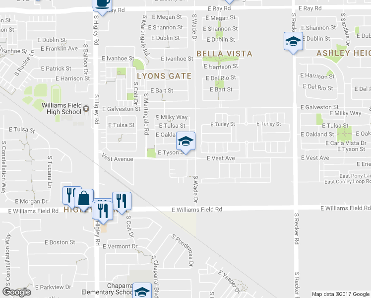 map of restaurants, bars, coffee shops, grocery stores, and more near 3532 East Carla Vista Drive in Gilbert