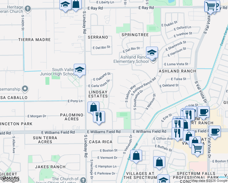 map of restaurants, bars, coffee shops, grocery stores, and more near 2096 South Porter Street in Gilbert