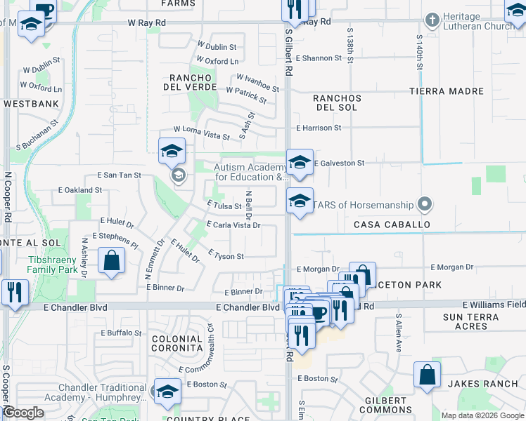 map of restaurants, bars, coffee shops, grocery stores, and more near 553 North Bell Drive in Chandler