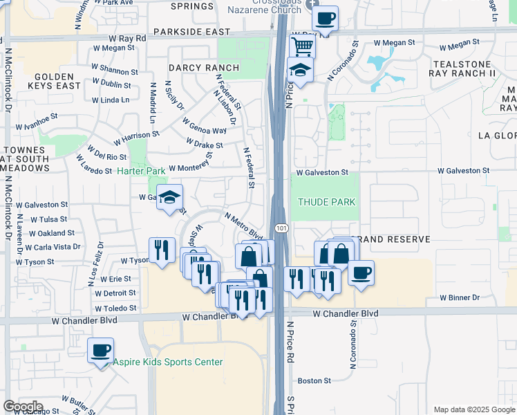 map of restaurants, bars, coffee shops, grocery stores, and more near 555 North Federal Street in Chandler