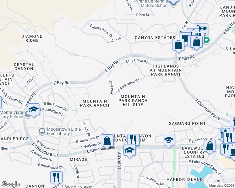 map of restaurants, bars, coffee shops, grocery stores, and more near 3205 East Rock Wren Road in Phoenix