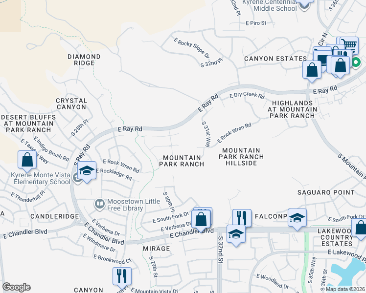 map of restaurants, bars, coffee shops, grocery stores, and more near 3114 East Rock Wren Road in Phoenix