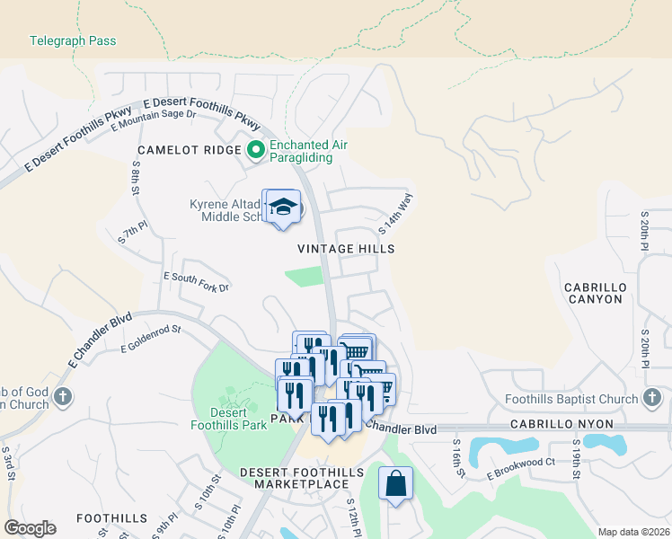 map of restaurants, bars, coffee shops, grocery stores, and more near 14823 South 13th Place in Phoenix