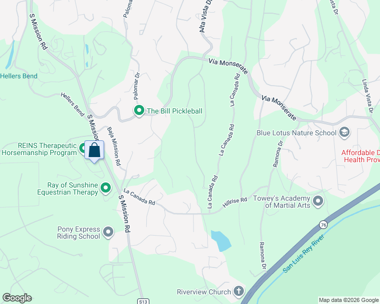 map of restaurants, bars, coffee shops, grocery stores, and more near 4217 Bridlewood Road in Fallbrook