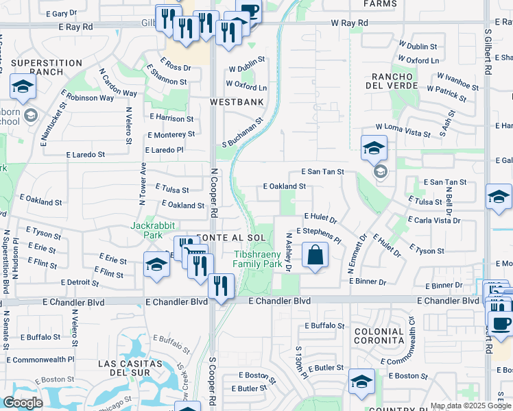map of restaurants, bars, coffee shops, grocery stores, and more near 2125 East Oakland Street in Chandler