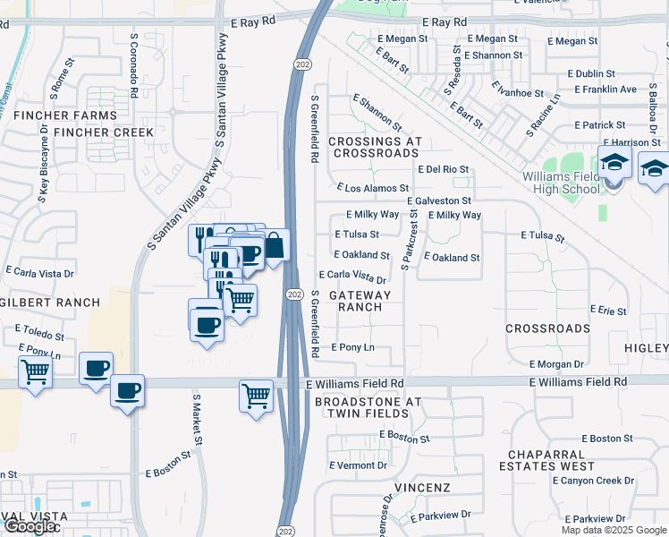 map of restaurants, bars, coffee shops, grocery stores, and more near 2100 South Portland Avenue in Gilbert