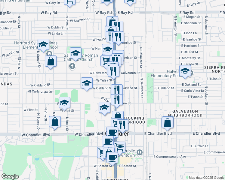 map of restaurants, bars, coffee shops, grocery stores, and more near 518 Arizona 87 in Chandler