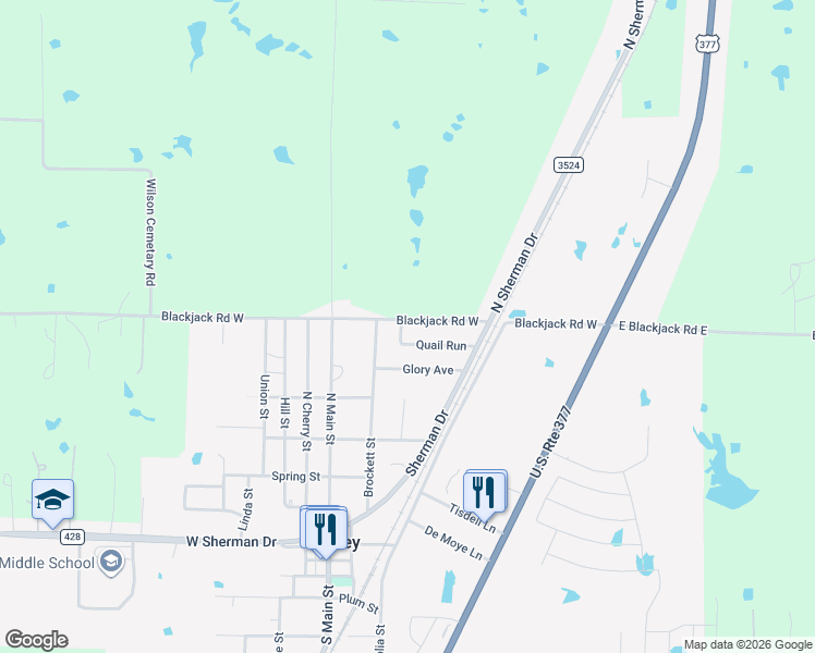 map of restaurants, bars, coffee shops, grocery stores, and more near 221 Blackjack Road West in Aubrey
