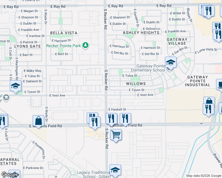 map of restaurants, bars, coffee shops, grocery stores, and more near 4031 South Olympic Drive in Gilbert