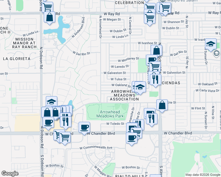 map of restaurants, bars, coffee shops, grocery stores, and more near 1288 West Oakland Street in Chandler