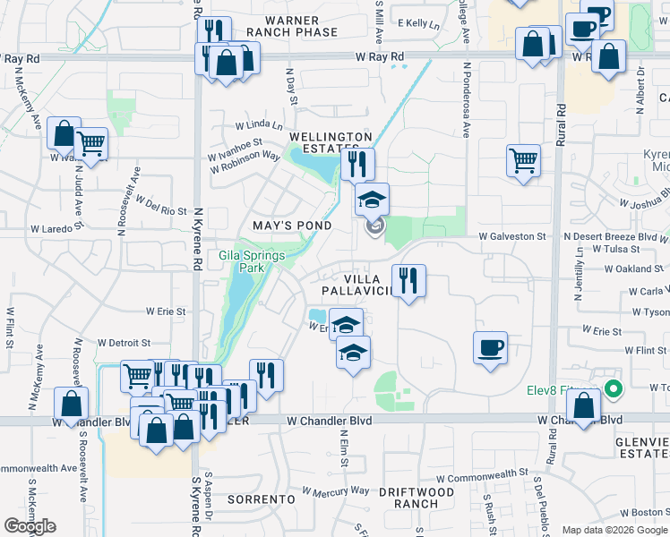 map of restaurants, bars, coffee shops, grocery stores, and more near 5619 West Avalon Court in Chandler