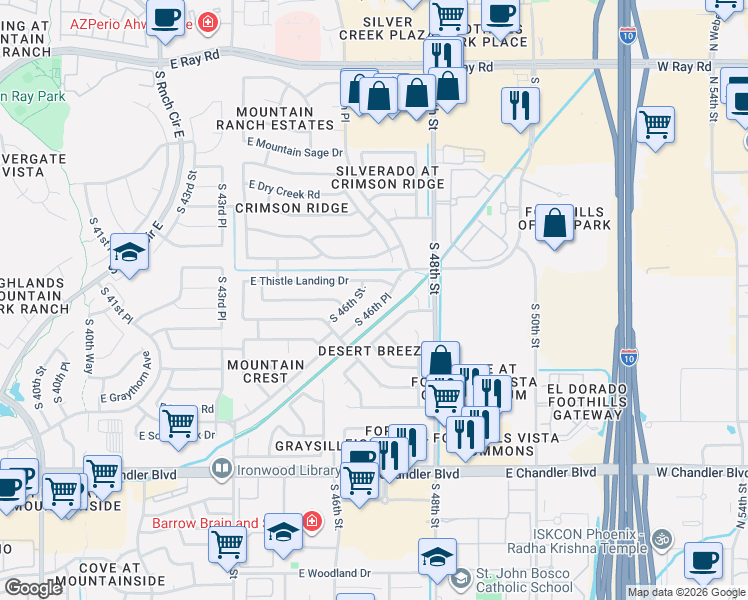 map of restaurants, bars, coffee shops, grocery stores, and more near 4623 East Thistle Landing Drive in Phoenix