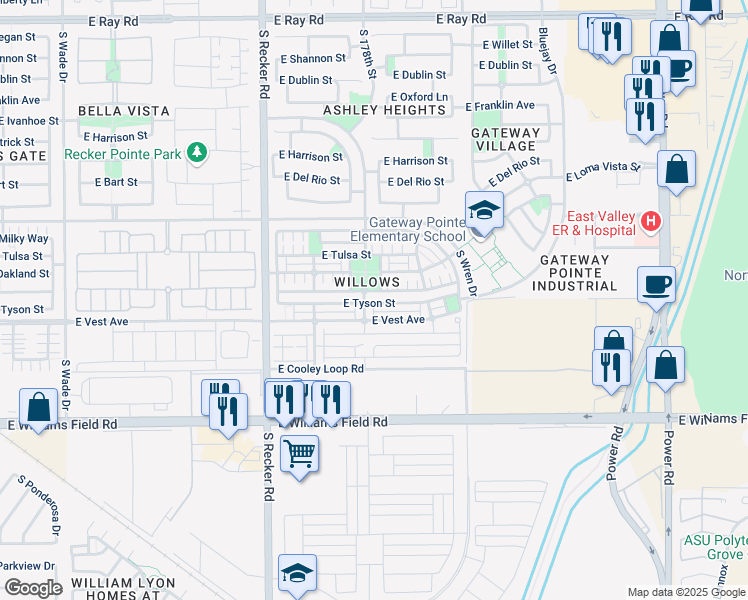 map of restaurants, bars, coffee shops, grocery stores, and more near 4238 East Carla Vista Drive in Gilbert