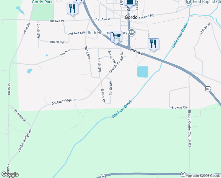map of restaurants, bars, coffee shops, grocery stores, and more near 4th Street Southwest in Gordo