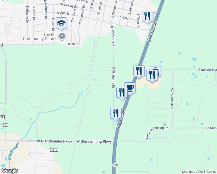 map of restaurants, bars, coffee shops, grocery stores, and more near 1155 South Oklahoma Drive in Celina