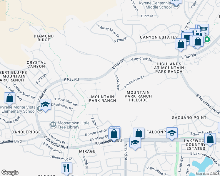 map of restaurants, bars, coffee shops, grocery stores, and more near 3114 East Rock Wren Road in Phoenix