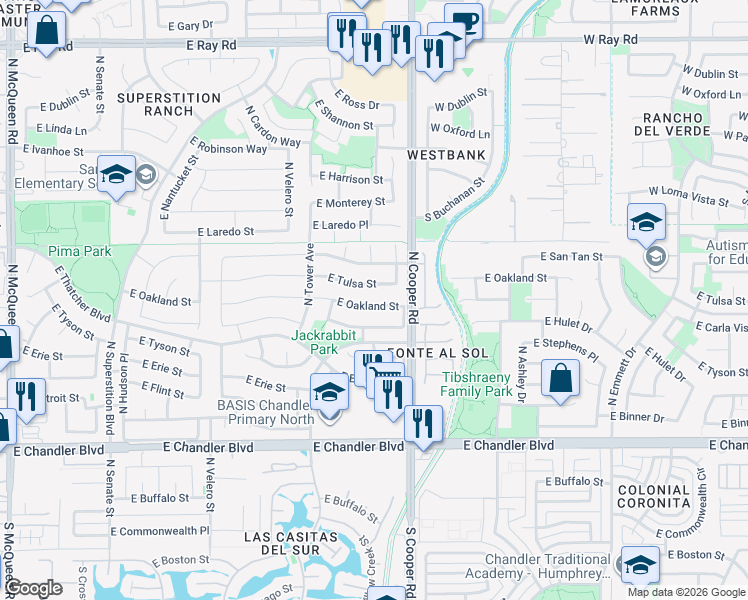 map of restaurants, bars, coffee shops, grocery stores, and more near 1891 East Tulsa Street in Chandler