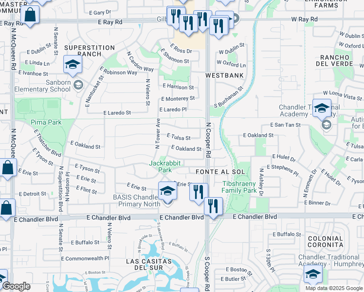 map of restaurants, bars, coffee shops, grocery stores, and more near 1830 East Oakland Street in Chandler