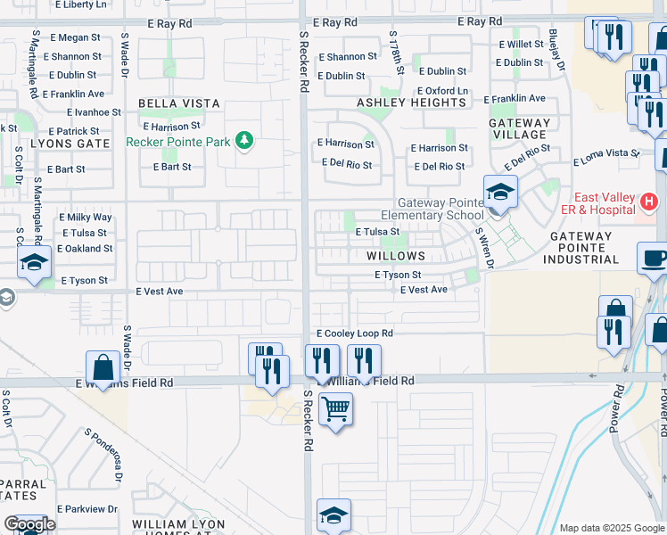map of restaurants, bars, coffee shops, grocery stores, and more near 4079 East Oakland Street in Gilbert