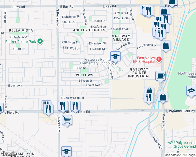 map of restaurants, bars, coffee shops, grocery stores, and more near 4292 East Carla Vista Drive in Gilbert