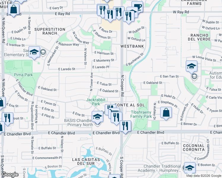 map of restaurants, bars, coffee shops, grocery stores, and more near 1891 East Tulsa Street in Chandler