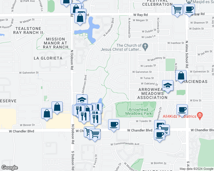 map of restaurants, bars, coffee shops, grocery stores, and more near 504 North Saguaro Street in Chandler