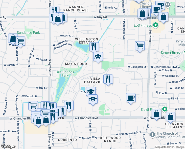 map of restaurants, bars, coffee shops, grocery stores, and more near 7 North Dean Street in Chandler
