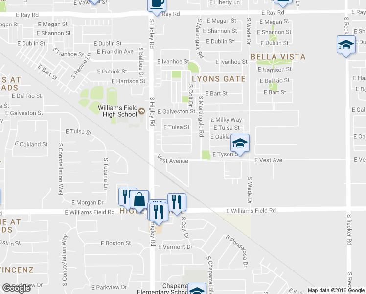 map of restaurants, bars, coffee shops, grocery stores, and more near 3325 East Carla Vista Drive in Gilbert