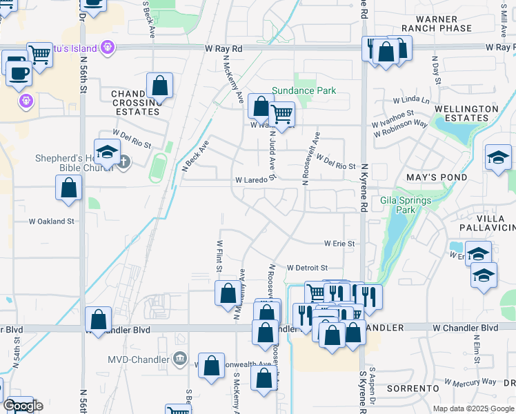 map of restaurants, bars, coffee shops, grocery stores, and more near 500 North Roosevelt Avenue in Chandler