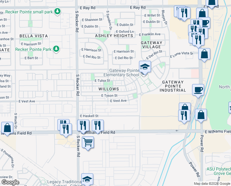 map of restaurants, bars, coffee shops, grocery stores, and more near 4238 East Carla Vista Drive in Gilbert
