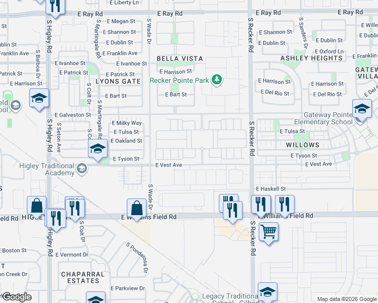 map of restaurants, bars, coffee shops, grocery stores, and more near 3732 East Perkinsville Street in Gilbert