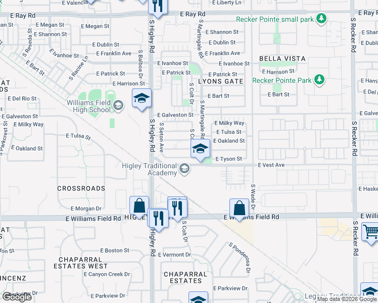 map of restaurants, bars, coffee shops, grocery stores, and more near 3316 East Carla Vista Drive in Gilbert