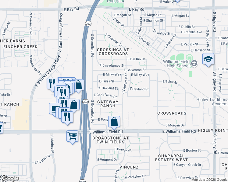 map of restaurants, bars, coffee shops, grocery stores, and more near 2524 East Oakland Street in Gilbert