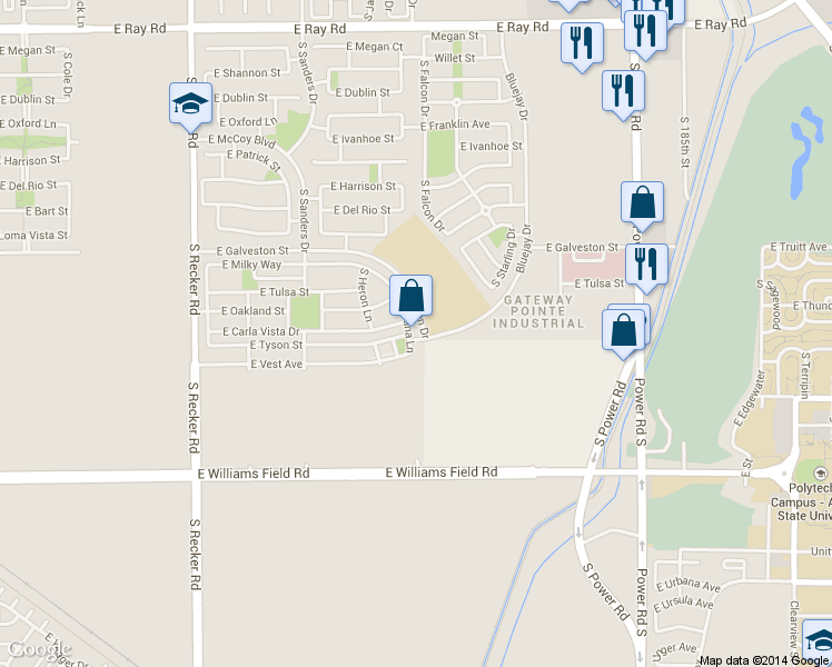 map of restaurants, bars, coffee shops, grocery stores, and more near 2147 South Jacana Lane in Gilbert