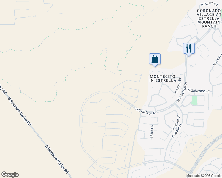 map of restaurants, bars, coffee shops, grocery stores, and more near 18660 West Chuckwalla Canyon Road in Goodyear