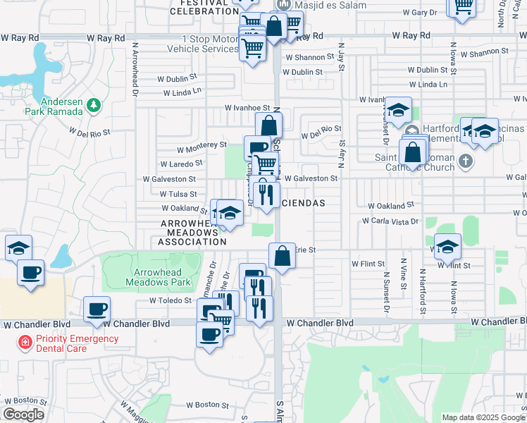 map of restaurants, bars, coffee shops, grocery stores, and more near 590 North Alma School Road in Chandler