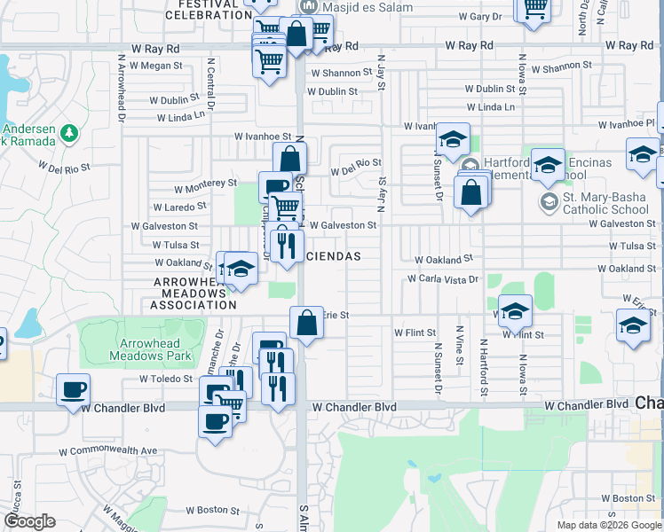 map of restaurants, bars, coffee shops, grocery stores, and more near West Oakland Street in Chandler