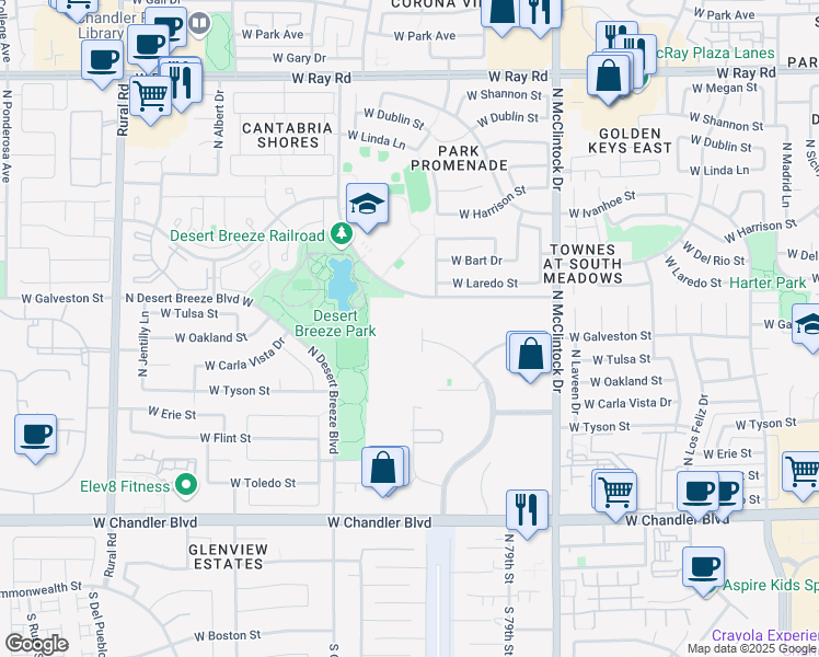 map of restaurants, bars, coffee shops, grocery stores, and more near 585 N Juniper Dr in Chandler