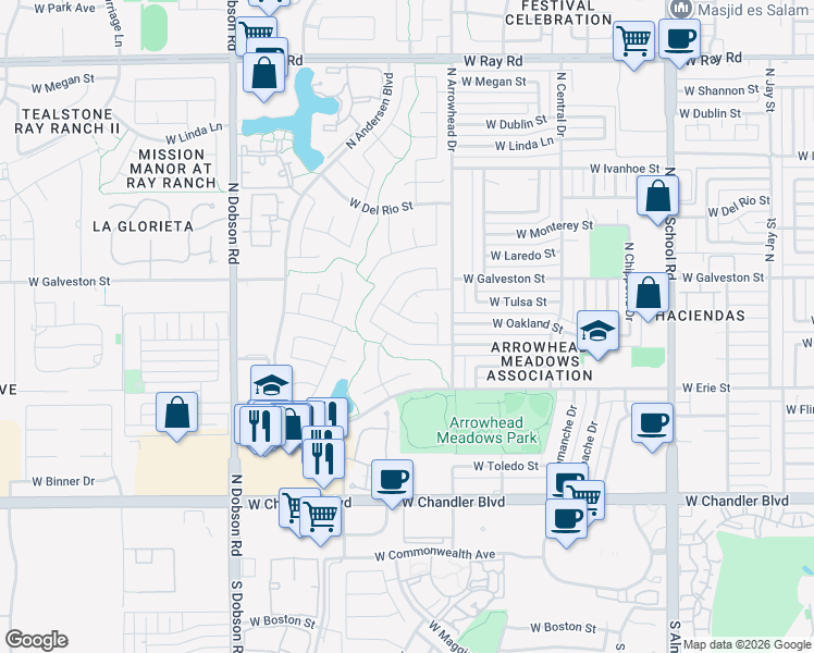map of restaurants, bars, coffee shops, grocery stores, and more near 1629 West Oakland Street in Chandler