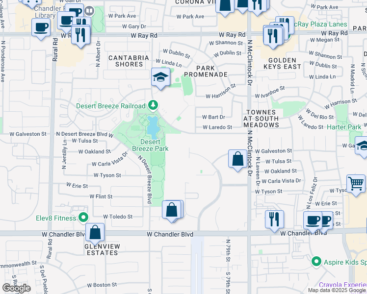 map of restaurants, bars, coffee shops, grocery stores, and more near 585 North Juniper Drive in Chandler