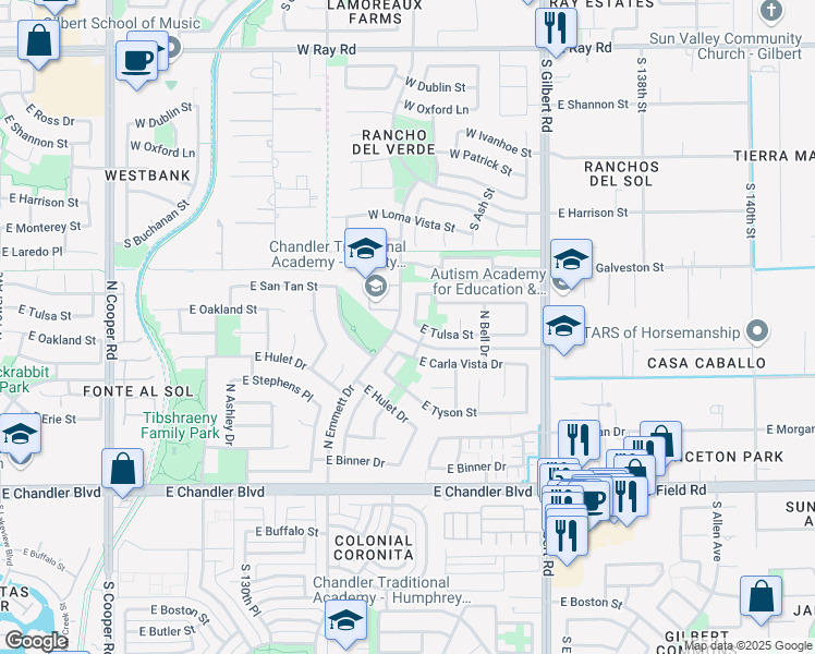 map of restaurants, bars, coffee shops, grocery stores, and more near 532 North Kimberlee Way in Chandler
