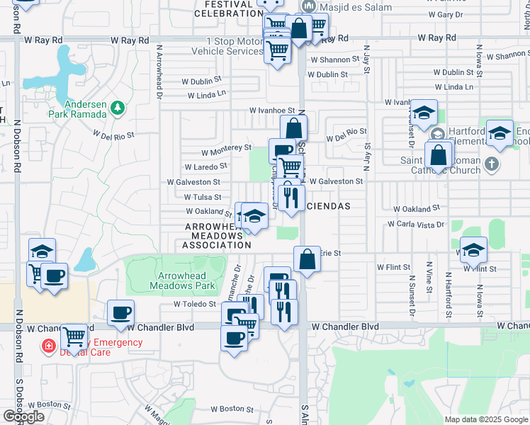 map of restaurants, bars, coffee shops, grocery stores, and more near 524 North Chippewa Drive in Chandler