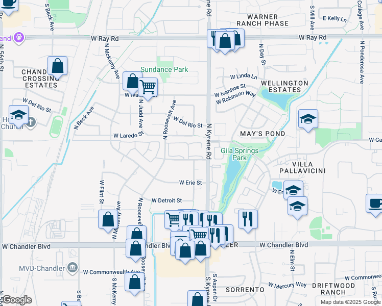 map of restaurants, bars, coffee shops, grocery stores, and more near 6152 West Oakland Street in Chandler